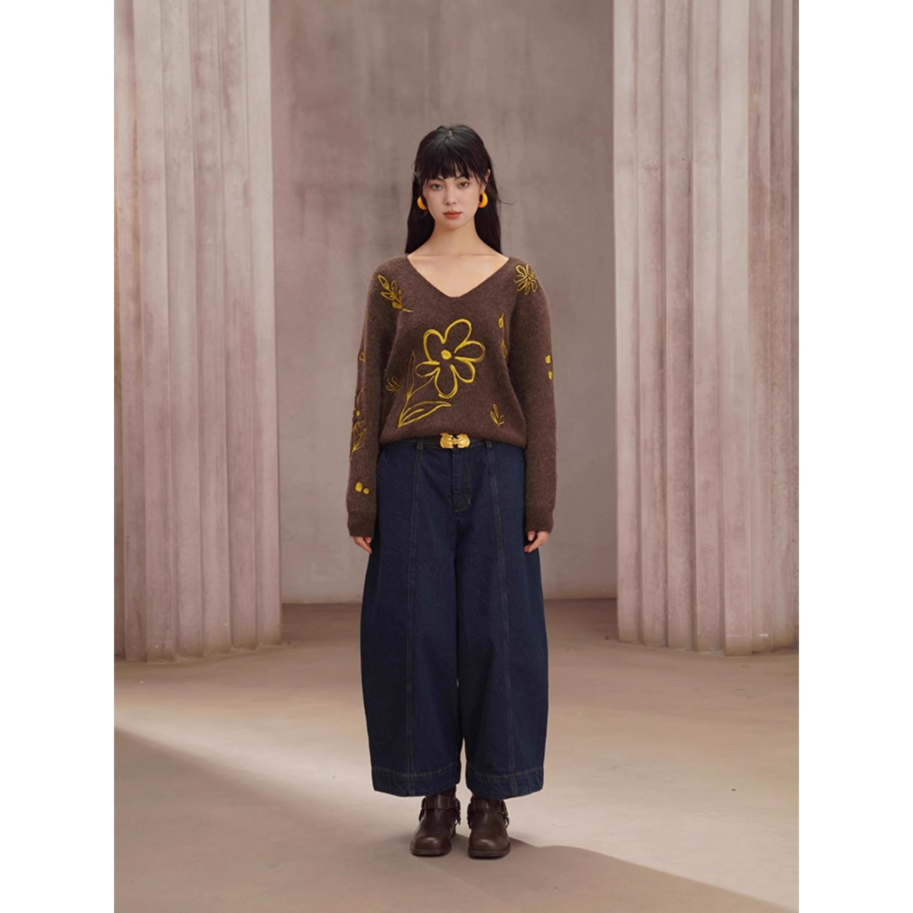 Navy blue cropped wide denim pants – remulia