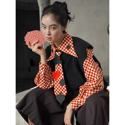 トランプのマークの刺繍ブラウス - Checked