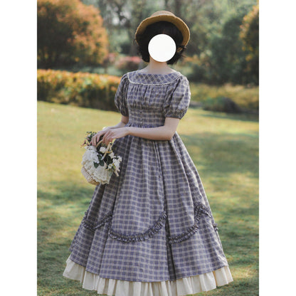 英国のお嬢様の格子柄レトロワンピース - Gray Navy