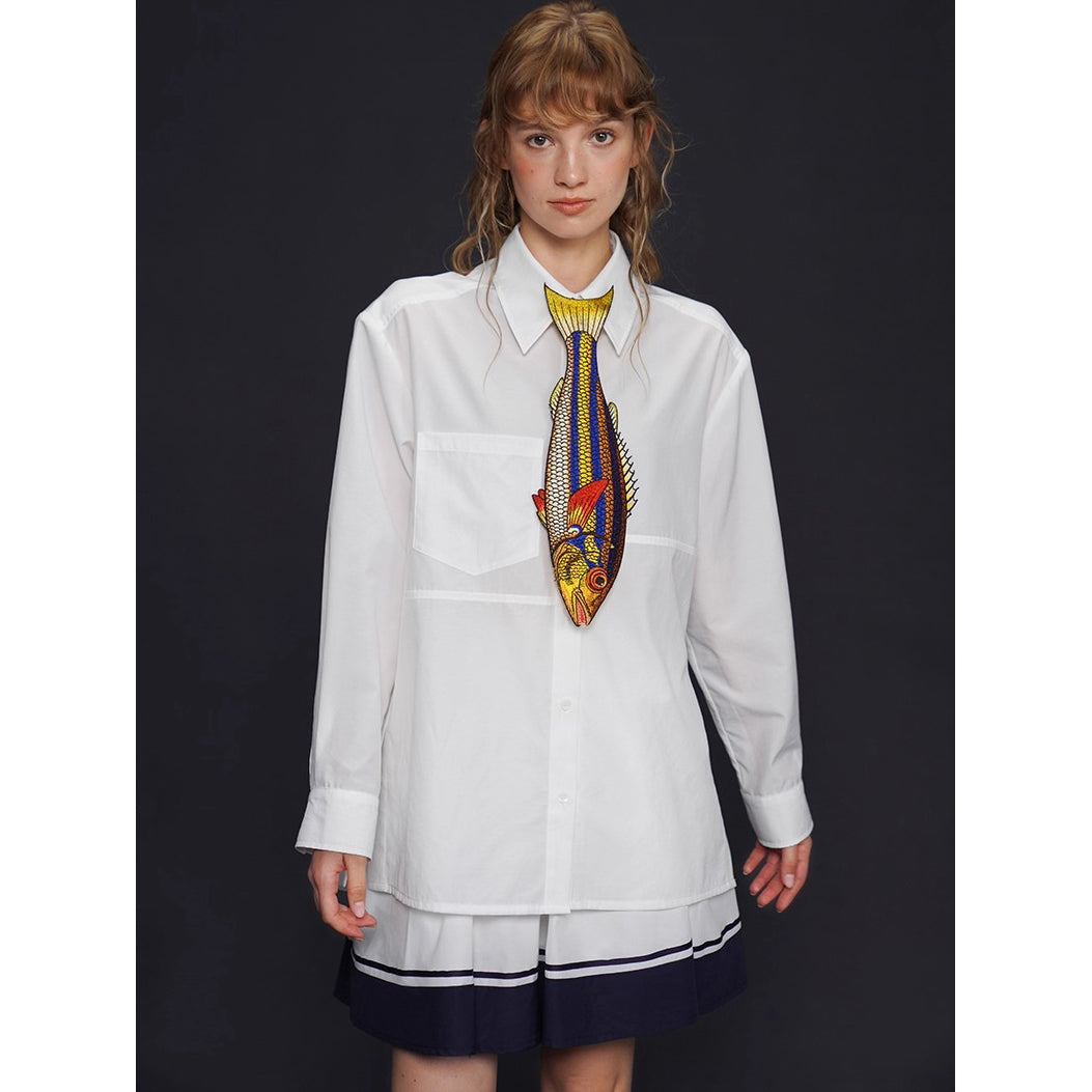 お魚の刺繍ネクタイ（ブルー×イエロー）