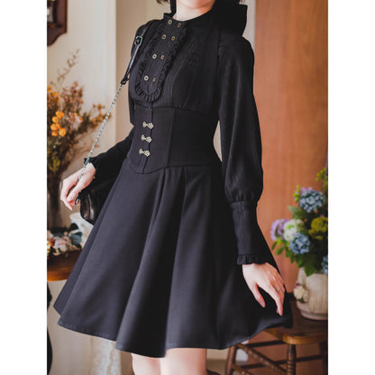 英国のお嬢様のスタンドカラーブラウス - Black