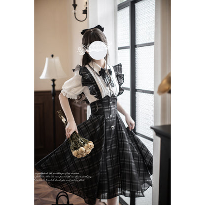 黒墨格子柄のジャンパースカートとブラウス - ロング丈