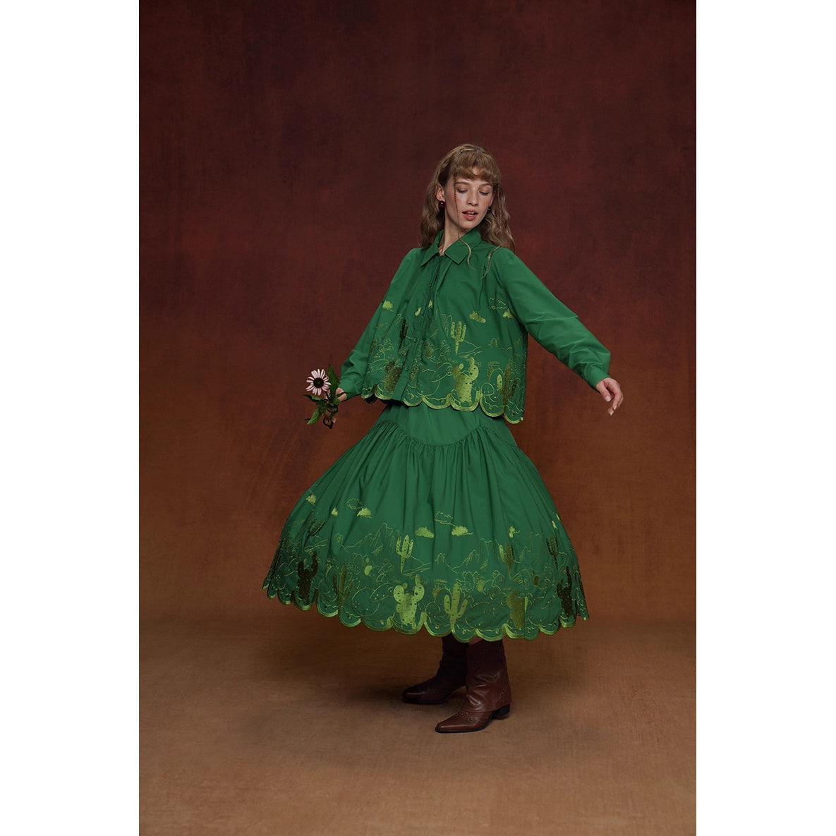 サボテンの刺繍ブラウスとスカート - Green
