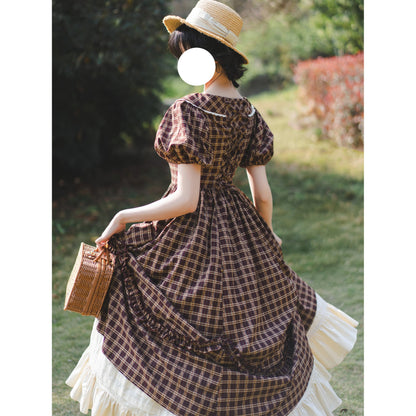 英国のお嬢様の格子柄レトロワンピース - Dark Brown