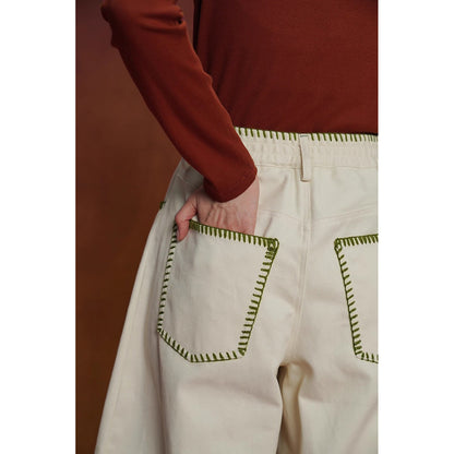 サボテンと花の刺繍ワイドパンツ