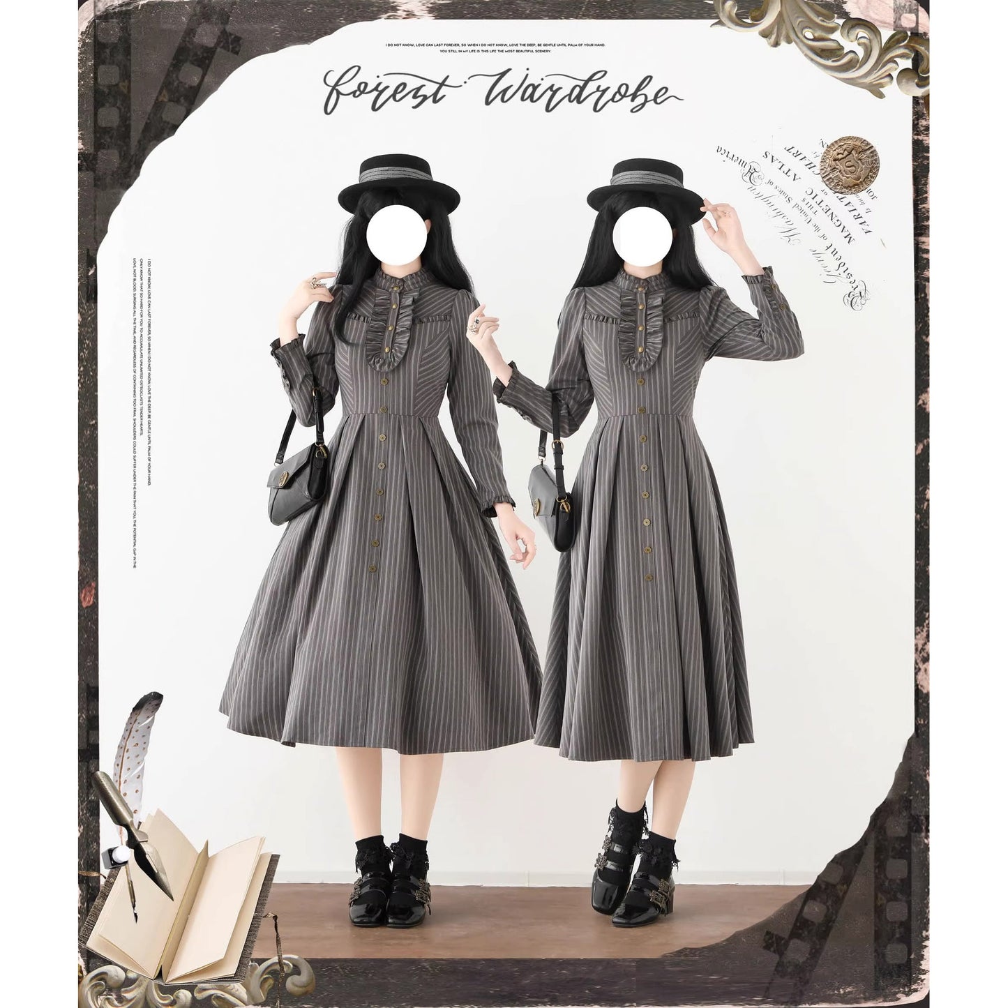 英国のお嬢様のクラシカルストライプワンピース - Gray