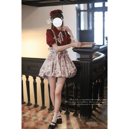 帆船と羅針盤の線画ストラップバルーンスカートとブラウス - Wine Red