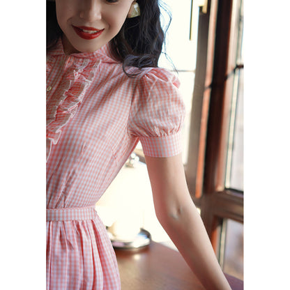 桜色の格子柄ヘップバーンワンピース