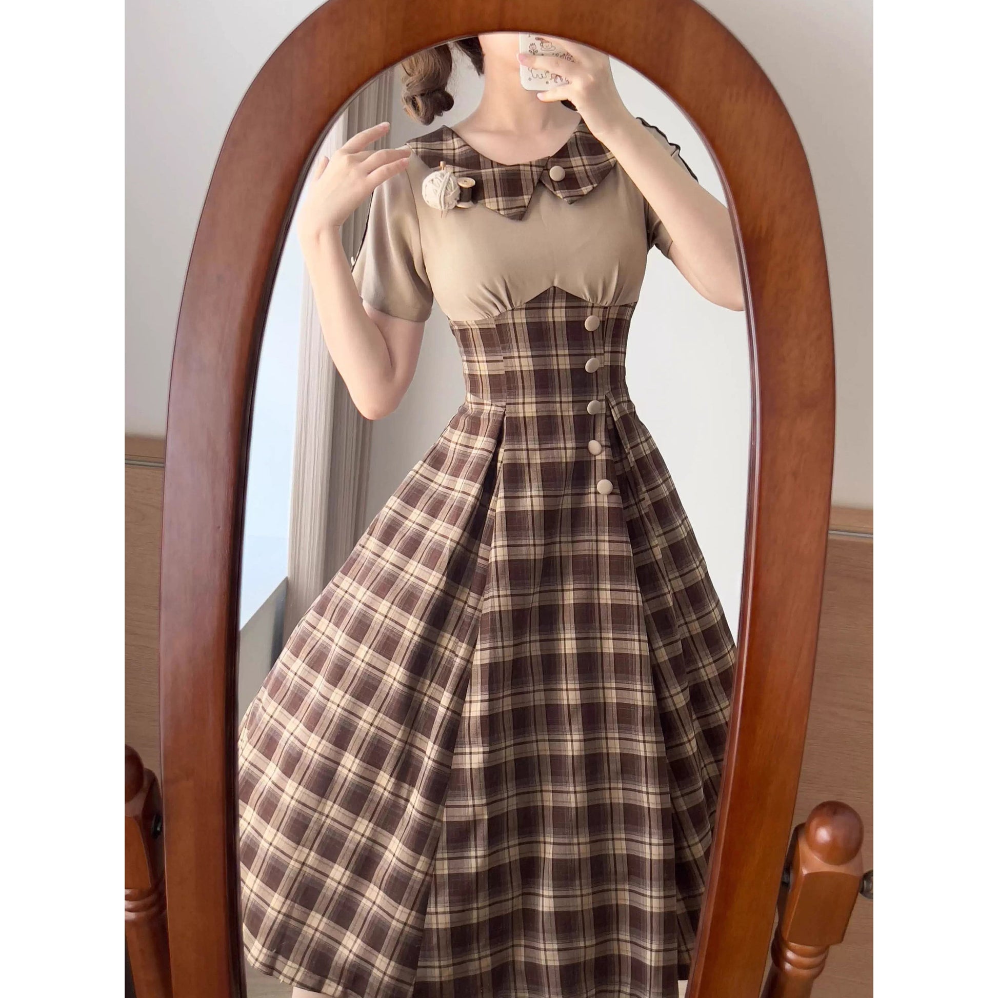 英国令嬢のレトロチェックワンピース - Dark Brown