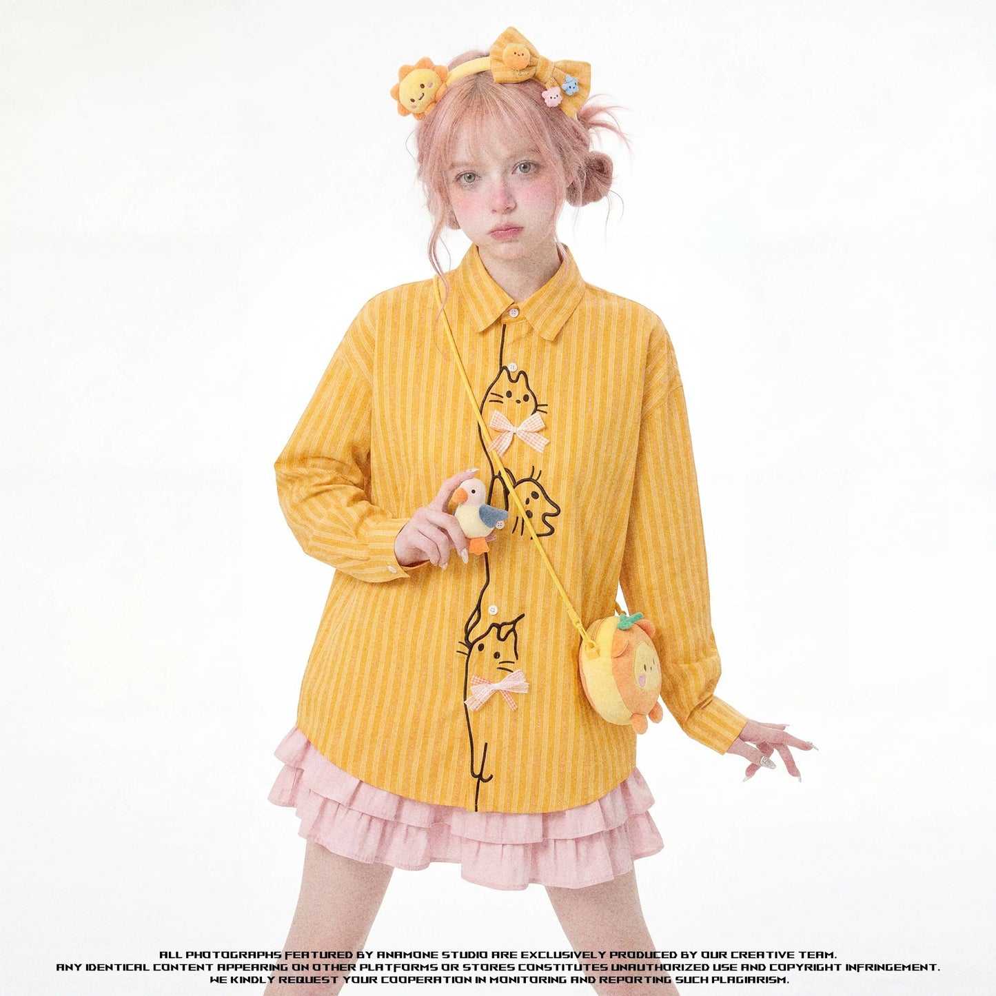 子猫の刺繍リボンブラウス - Golden Yellow