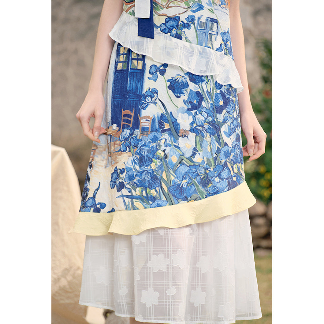 アイリスの花の油彩画ティアードワンピース