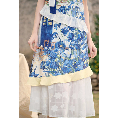 アイリスの花の油彩画ティアードワンピース