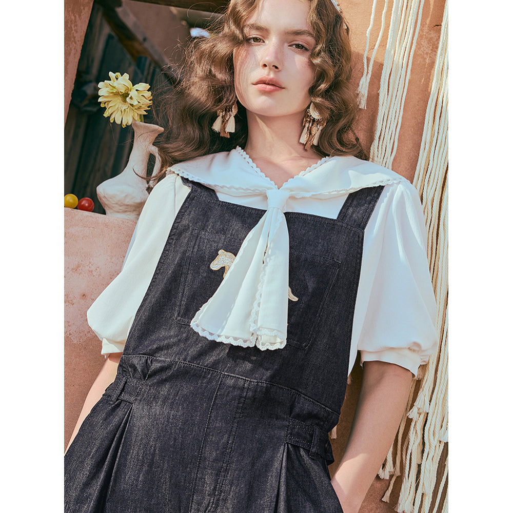 馬の石膏像の刺繍デニムサロペットパンツ