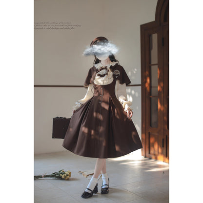 英国令嬢のクラシカルドッキングワンピースとケープ - Brown