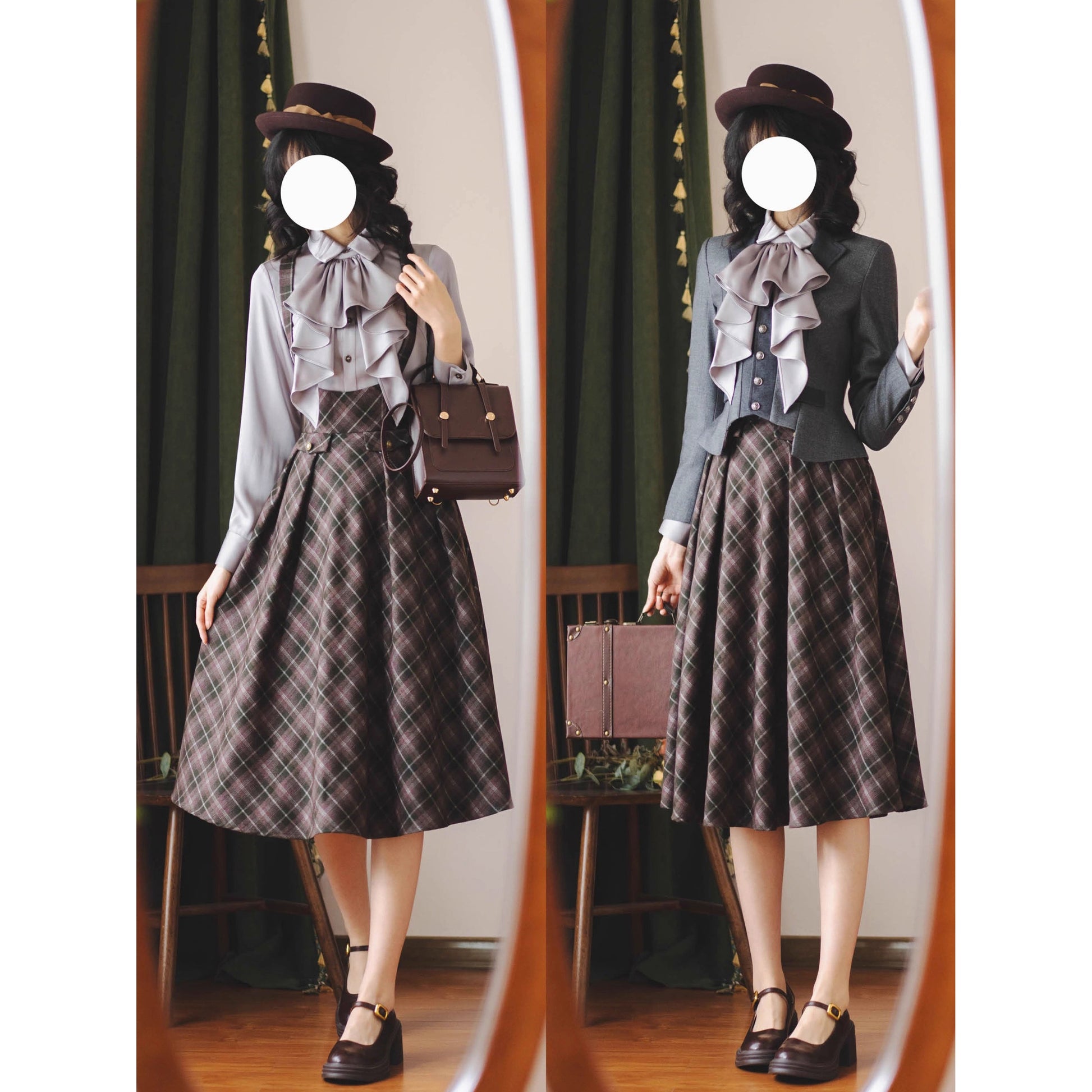 英国のお嬢様のクラシカルジャンパースカート - Olive Gray Checked