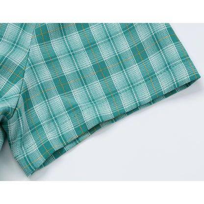 蜜柑の刺繍アシンメトリーシャツ - Green Check