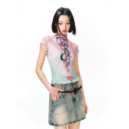 水彩の抽象画ハイネックトップス