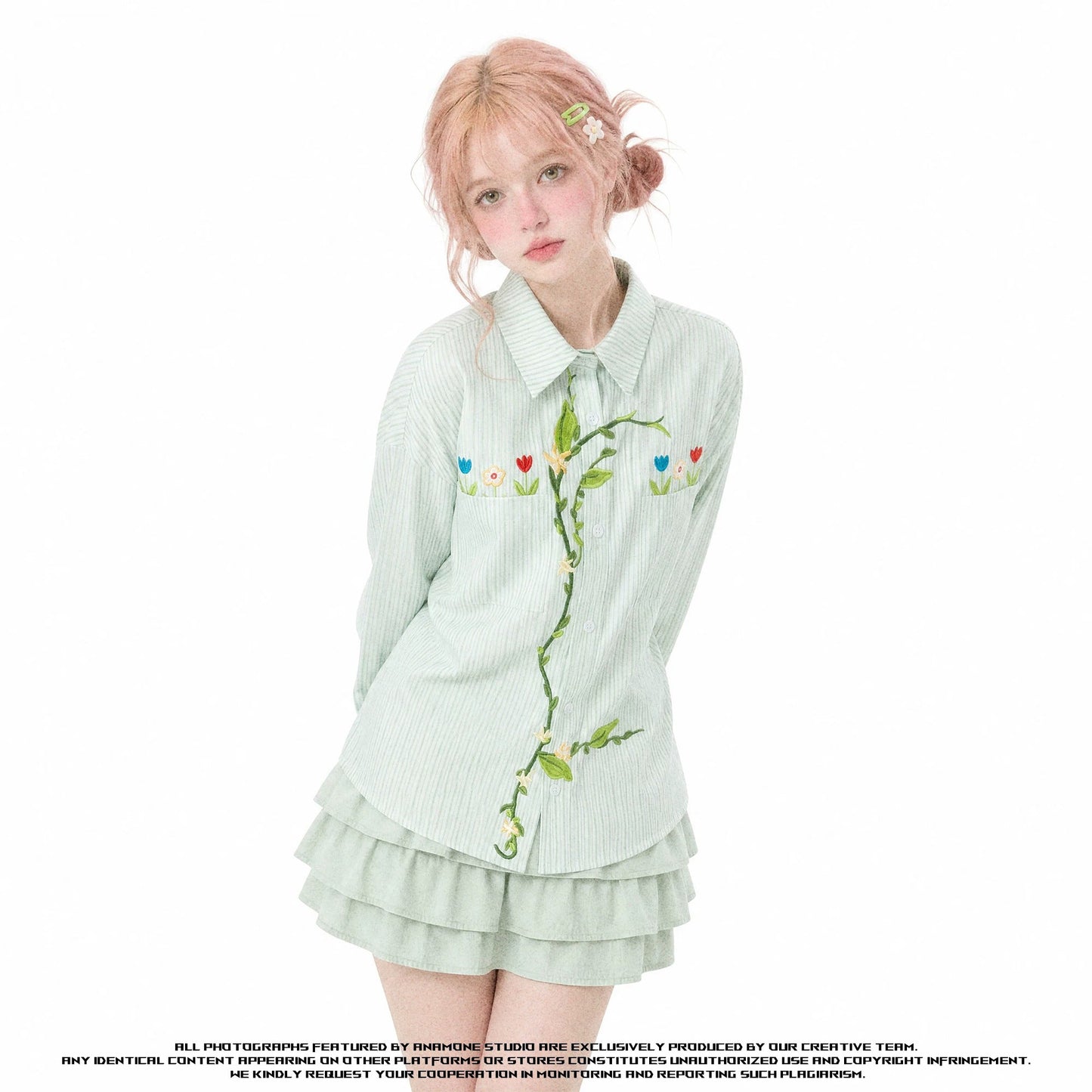 草花の刺繍ブラウス - Asparagus Green