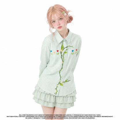 草花の刺繍ブラウス - Asparagus Green