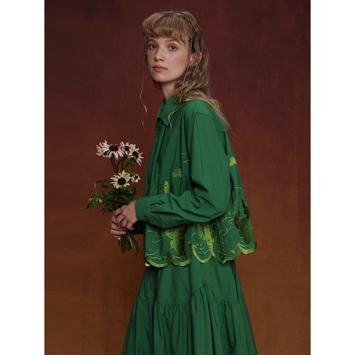 サボテンの刺繍ブラウスとスカート - Green