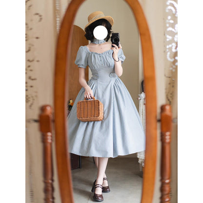 英国のお嬢様のクラシカルストライプワンピース - Ice Blue