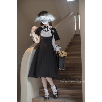 英国令嬢のクラシカルドッキングワンピースとケープ - Black