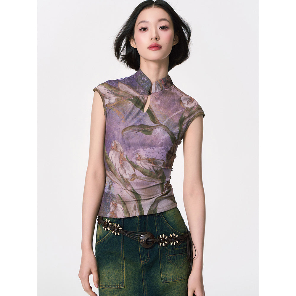 カラーリリーの水彩画チャイナトップス