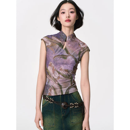 カラーリリーの水彩画チャイナトップス