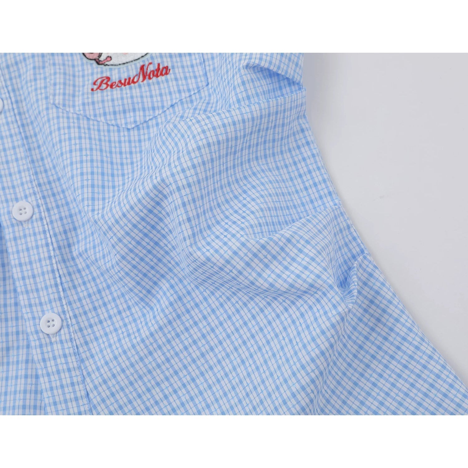 子猫の刺繍チェックシャツ - Sky Blue Check