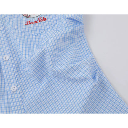 子猫の刺繍チェックシャツ - Sky Blue Check