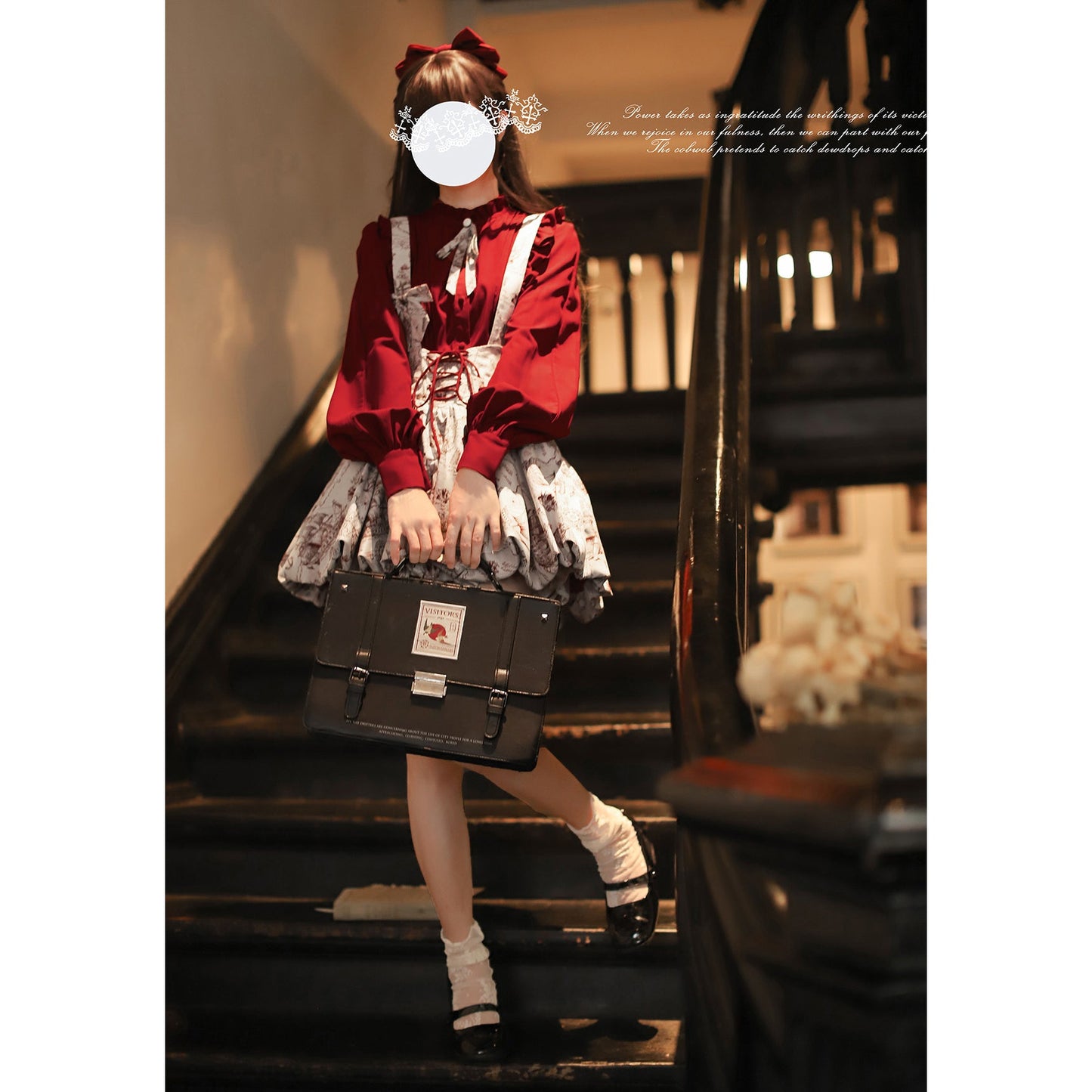 帆船と羅針盤の線画ストラップバルーンスカートとブラウス - Wine Red