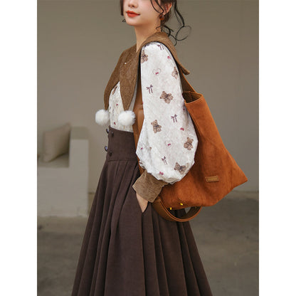 テディベアとリボンのベルベットブラウス