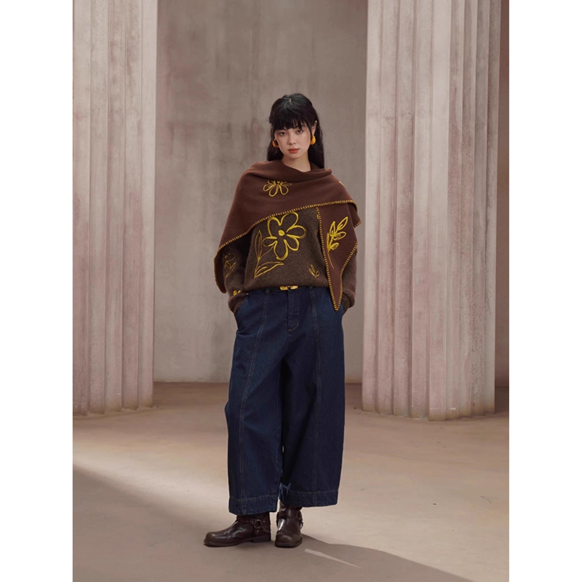 植物の刺繍ニットセーター