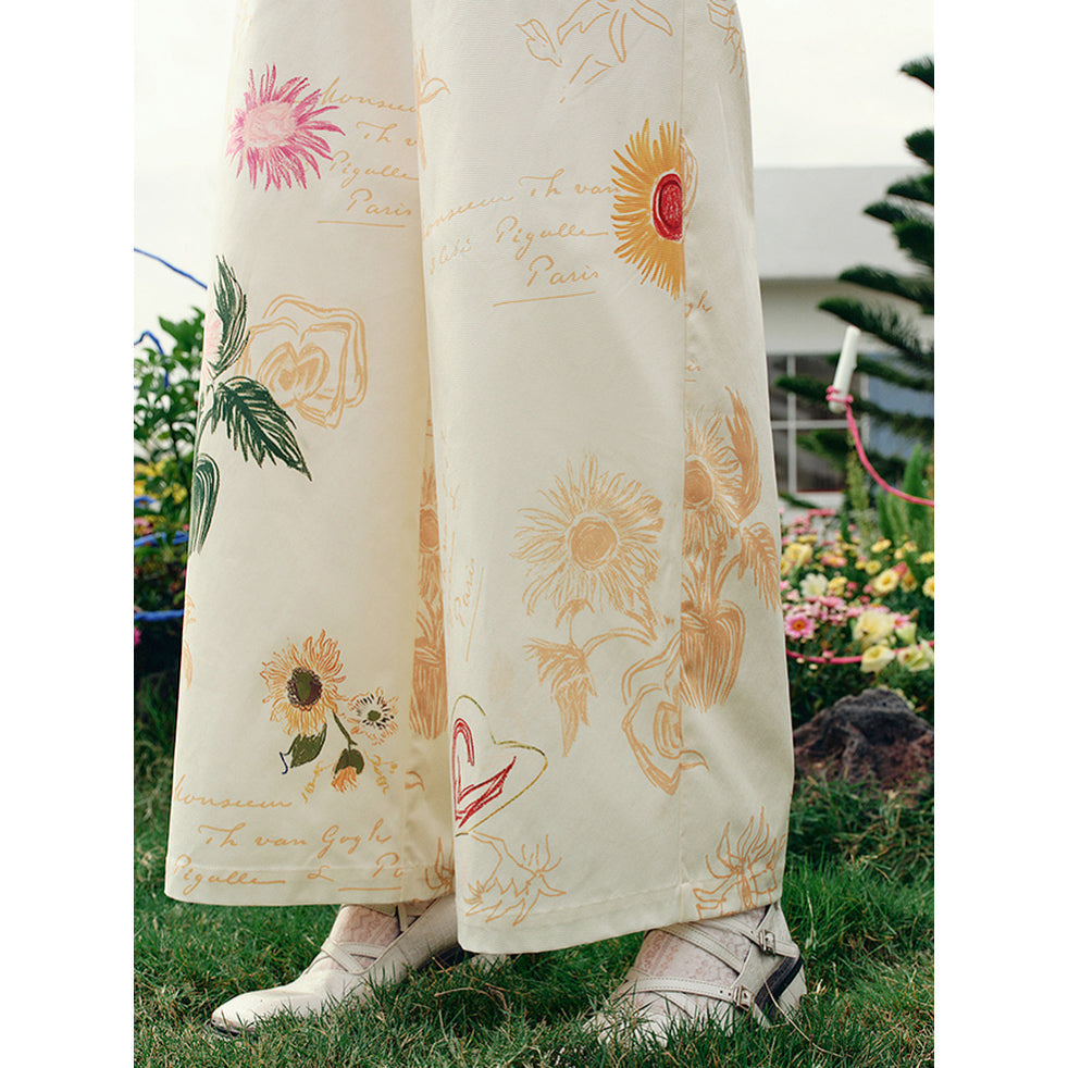 向日葵の花の描画ワイドパンツ