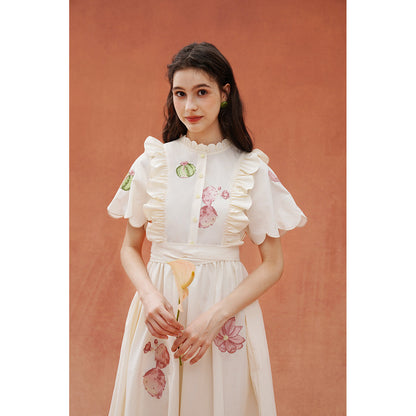 サボテンと花の刺繍レトロワンピース