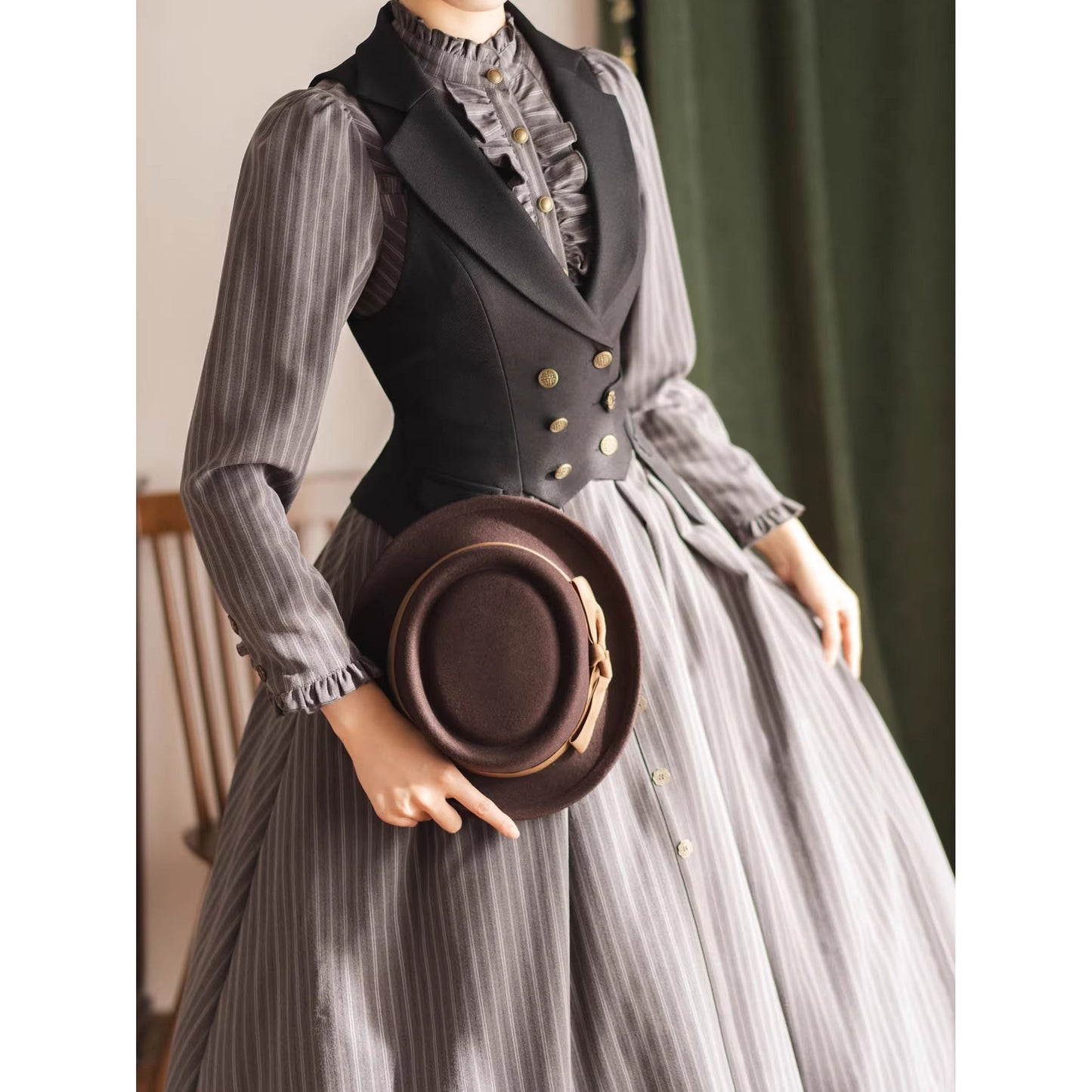 英国のお嬢様のクラシカルストライプワンピース - Gray