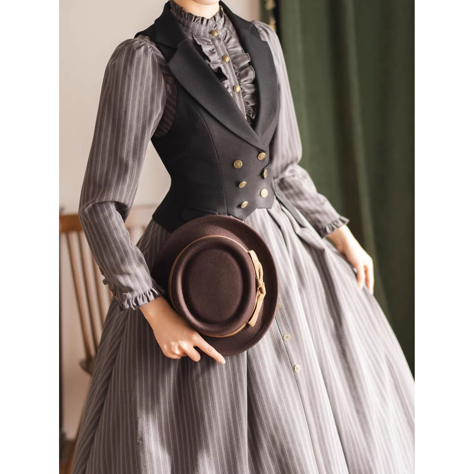 英国のお嬢様のクラシカルストライプワンピース - Gray