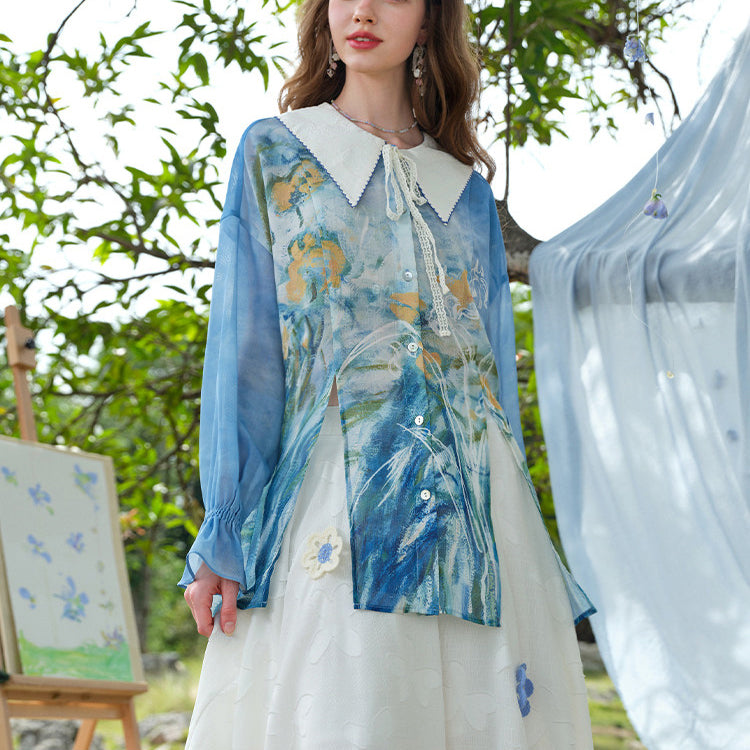 黄色と薄紫色のアイリスのブラウス