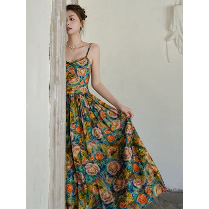 薔薇の花の油彩画キャミソールワンピース