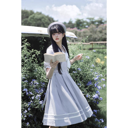 灰青のお嬢様の縦縞クラシカルワンピース