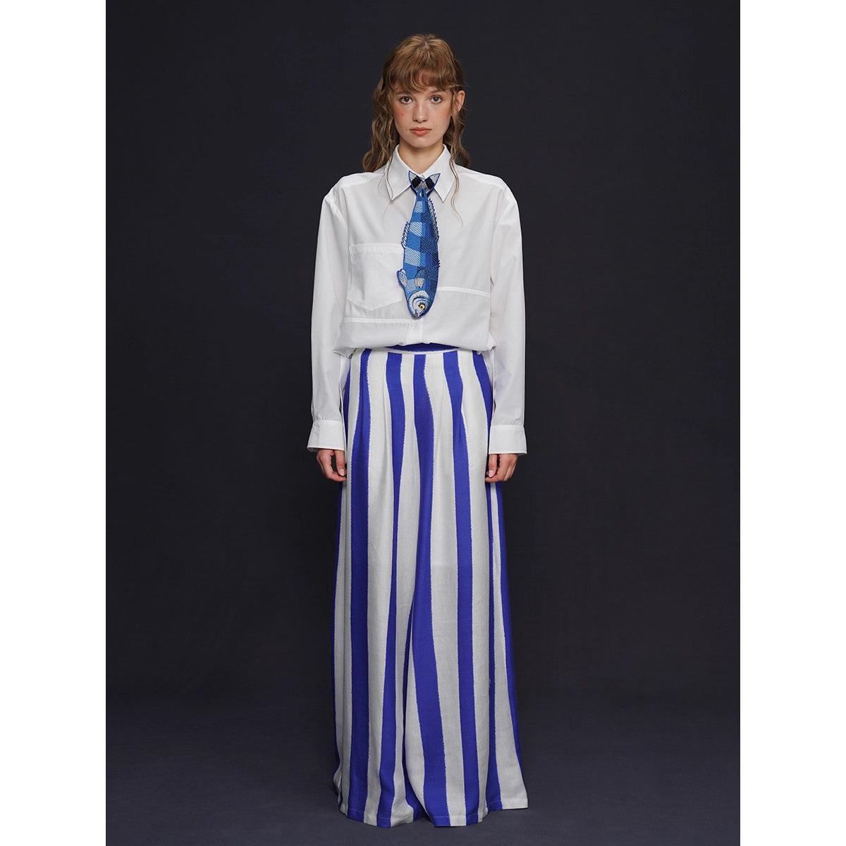 青紫の縦縞ストライプワイドパンツ