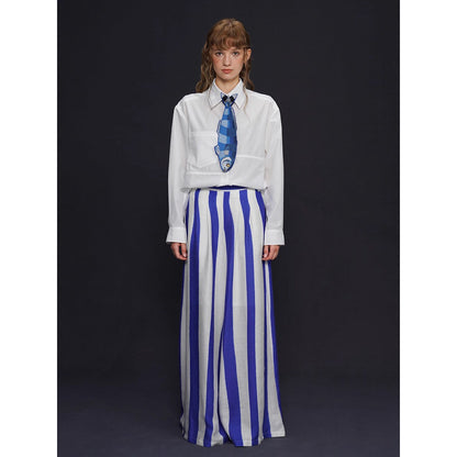 青紫の縦縞ストライプワイドパンツ