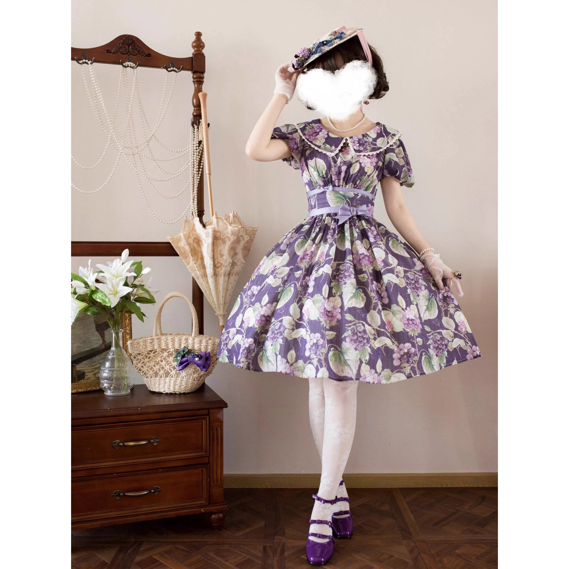 紫葡萄の水彩画コルセットワンピース - Purple