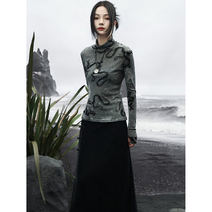 黒龍と牡丹の花のハイネックスリムトップス