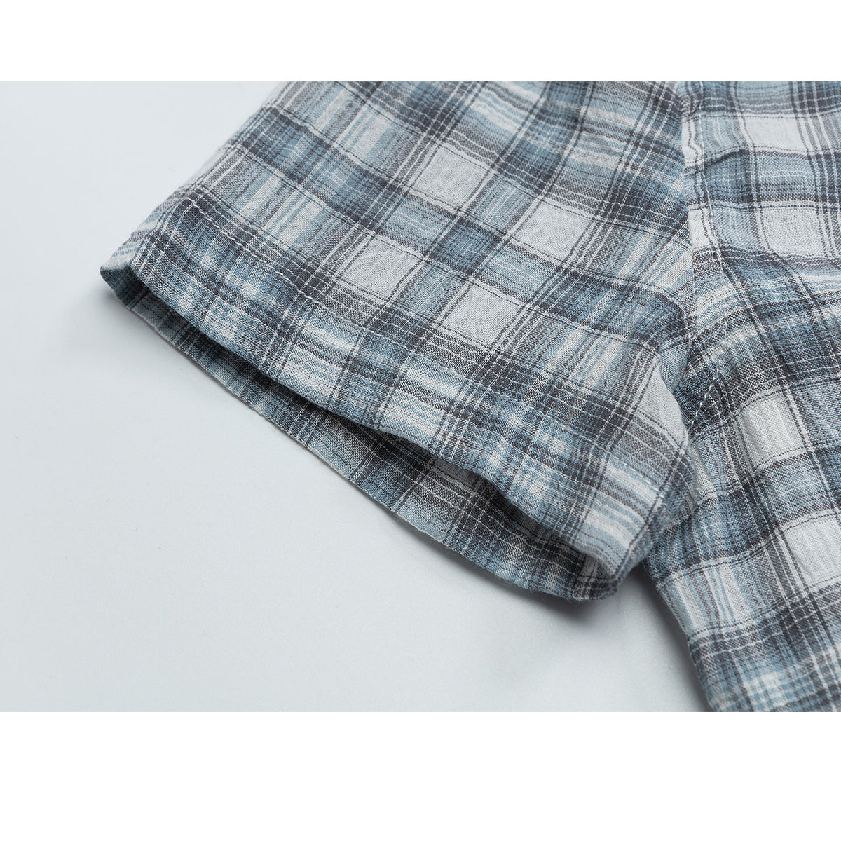 灰藍格子柄のフリルショートシャツ