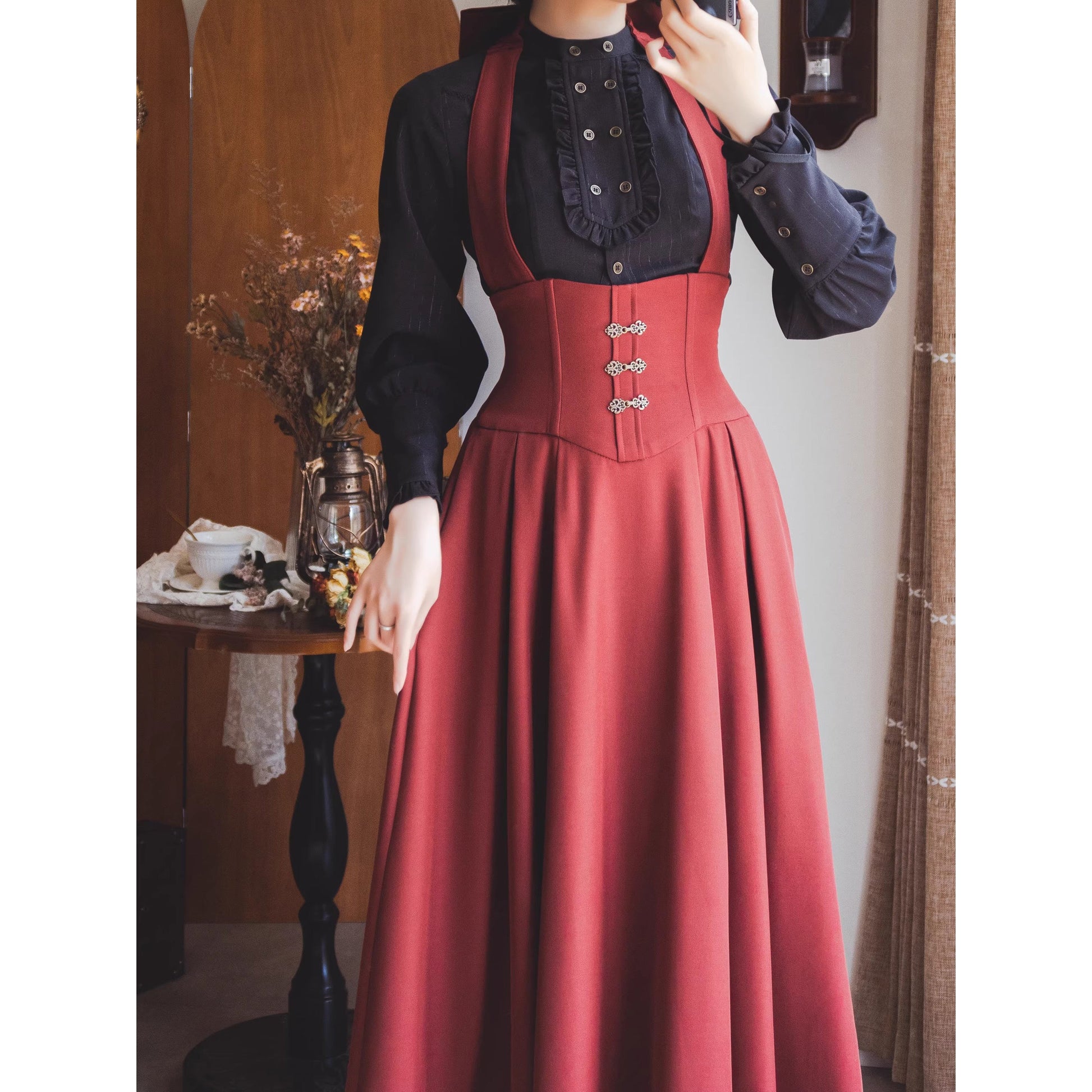 英国のお嬢様のスタンドカラーブラウス - Black