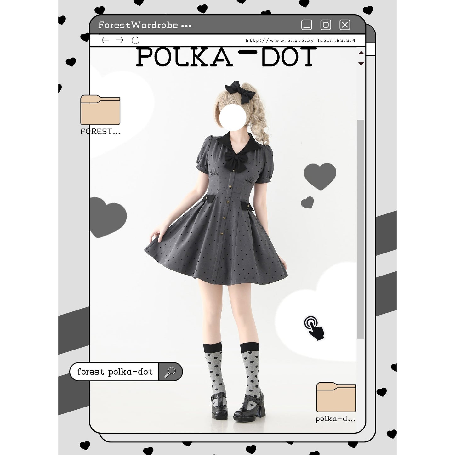 映画女優の水玉柄クラシカルワンピース - Slate Gray