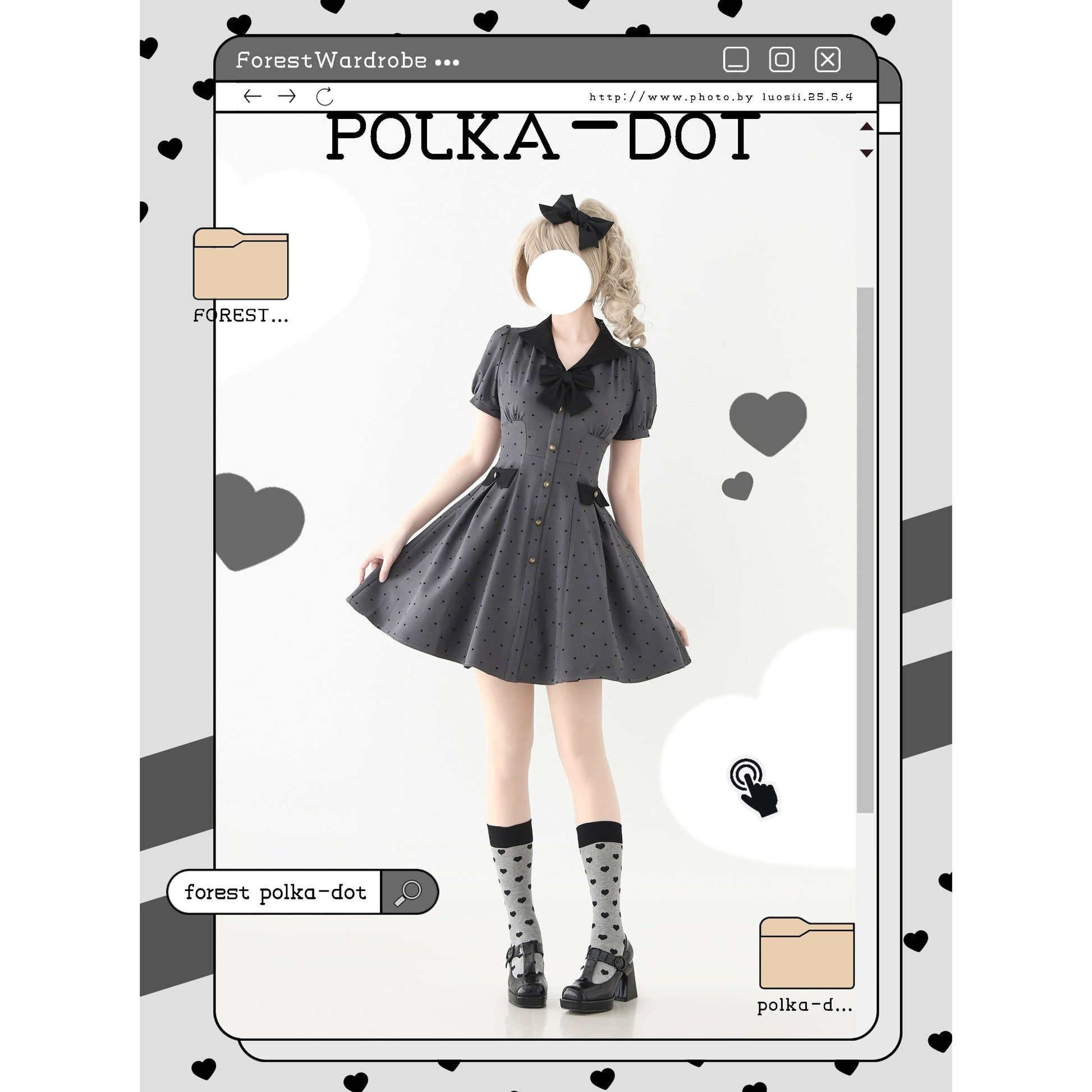 映画女優の水玉柄クラシカルワンピース - Slate Gray