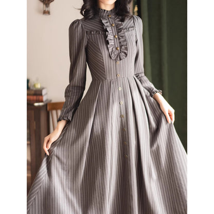 英国のお嬢様のクラシカルストライプワンピース - Gray