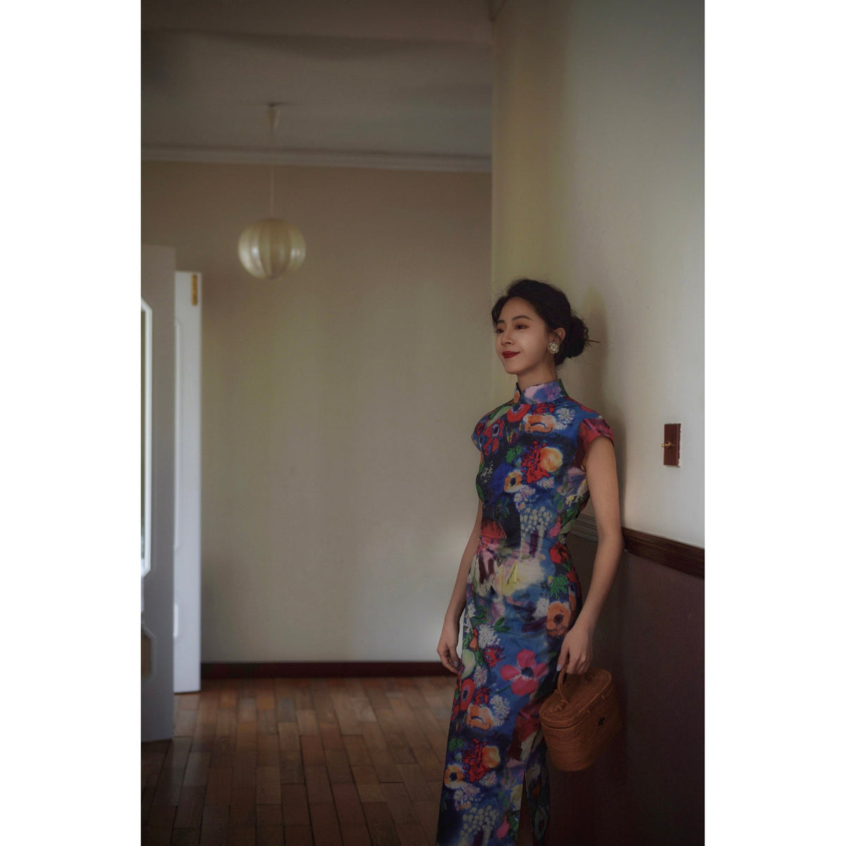 朝顔の油彩画チャイナワンピース